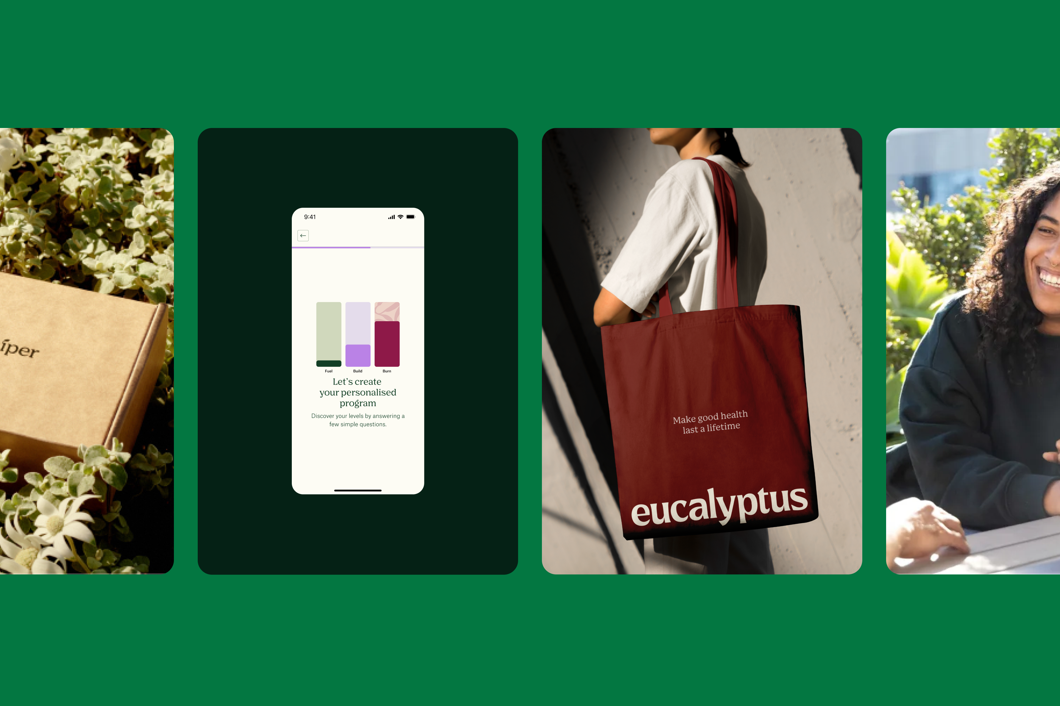 Examples of Eucalyptus branding on a shopping bag and a phone screen
