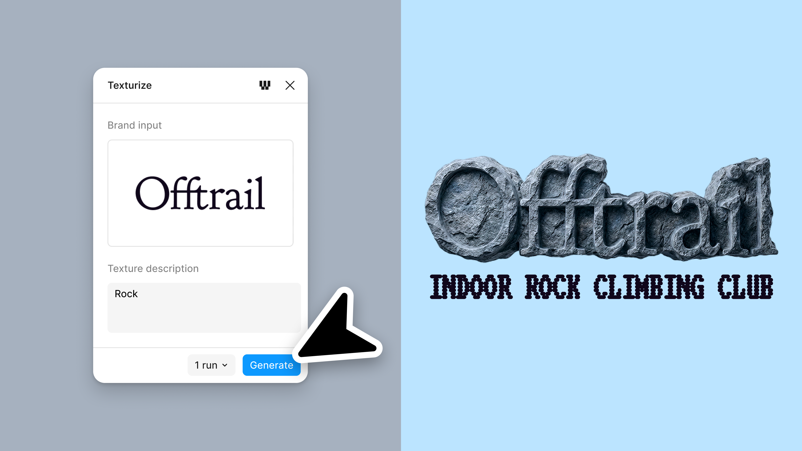 A side-by-side interface demonstrating AI-assisted logo texturization. On the left, a modal titled "Texturize" contains the wordmark "Offtrail" and the texture prompt "Rock." A cursor points to the "Generate" button. On the right, the resulting design transforms the logo into a three-dimensional stone texture, accompanied by the text "Indoor Rock Climbing Club" on a light blue background.
