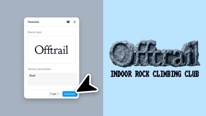 A side-by-side interface demonstrating AI-assisted logo texturization. On the left, a modal titled "Texturize" contains the wordmark "Offtrail" and the texture prompt "Rock." A cursor points to the "Generate" button. On the right, the resulting design transforms the logo into a three-dimensional stone texture, accompanied by the text "Indoor Rock Climbing Club" on a light blue background.
