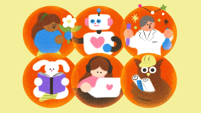 Six icônes circulaires représentant divers rôles ou professions, présentées sur un fond orange. On y voit une jardinière avec une fleur, un robot avec un cœur, un scientifique avec des tubes à essai, un lapin lisant un livre, une personne avec des écouteurs utilisant un ordinateur portable et un hibou avec un rouleau de papier.