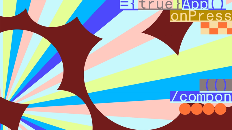 Abstract digital art with colorful rays, code-like text, maroon spiked circles, and orange dots, modern style.