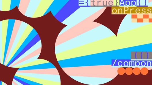 Abstract digital art with colorful rays, code-like text, maroon spiked circles, and orange dots, modern style.