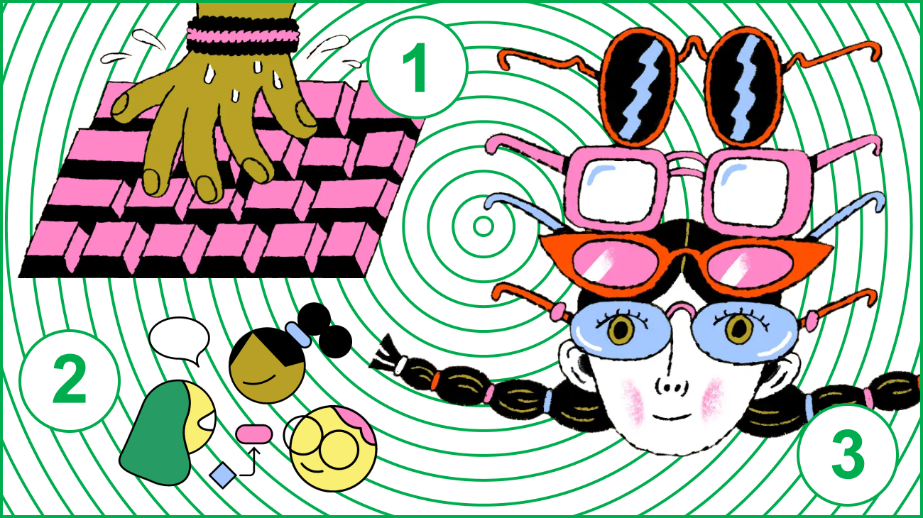 A collage of illustrations includes a hand wearing a sweatband typing furiously, a group of people having a meeting, and a person in braids wearing a stack of different glasses