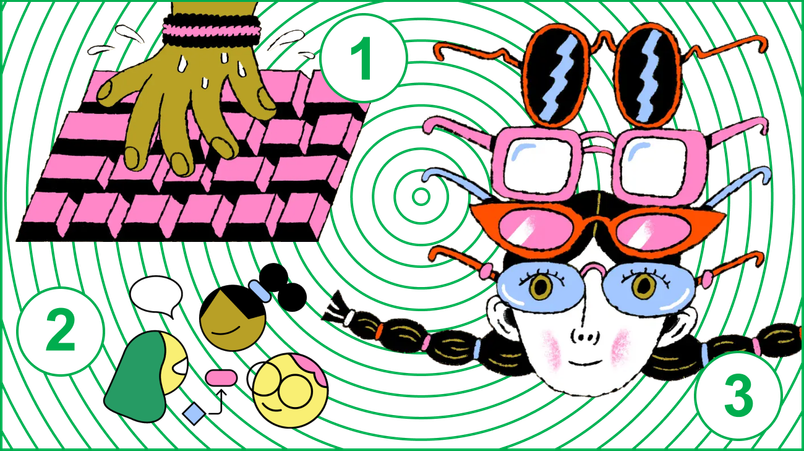A collage of illustrations includes a hand wearing a sweatband typing furiously, a group of people having a meeting, and a person in braids wearing a stack of different glasses