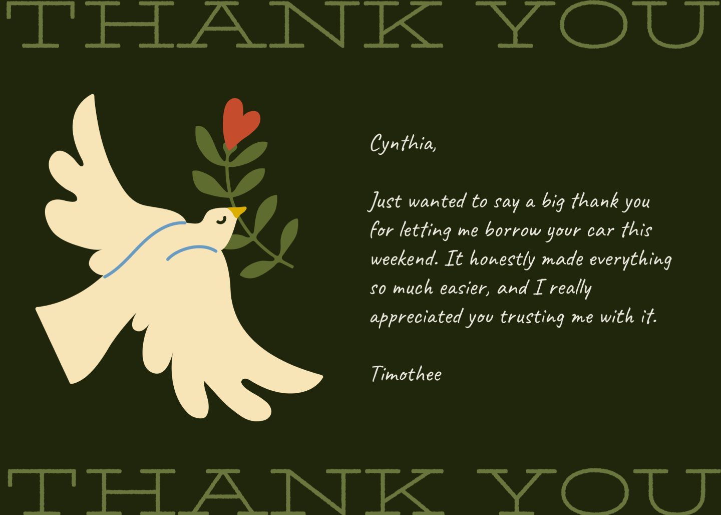 Screenshot of a peaceful dove thank you card template.