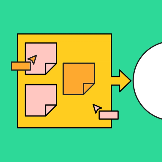 colorful sticky notes over a yellow document that points to a white circle