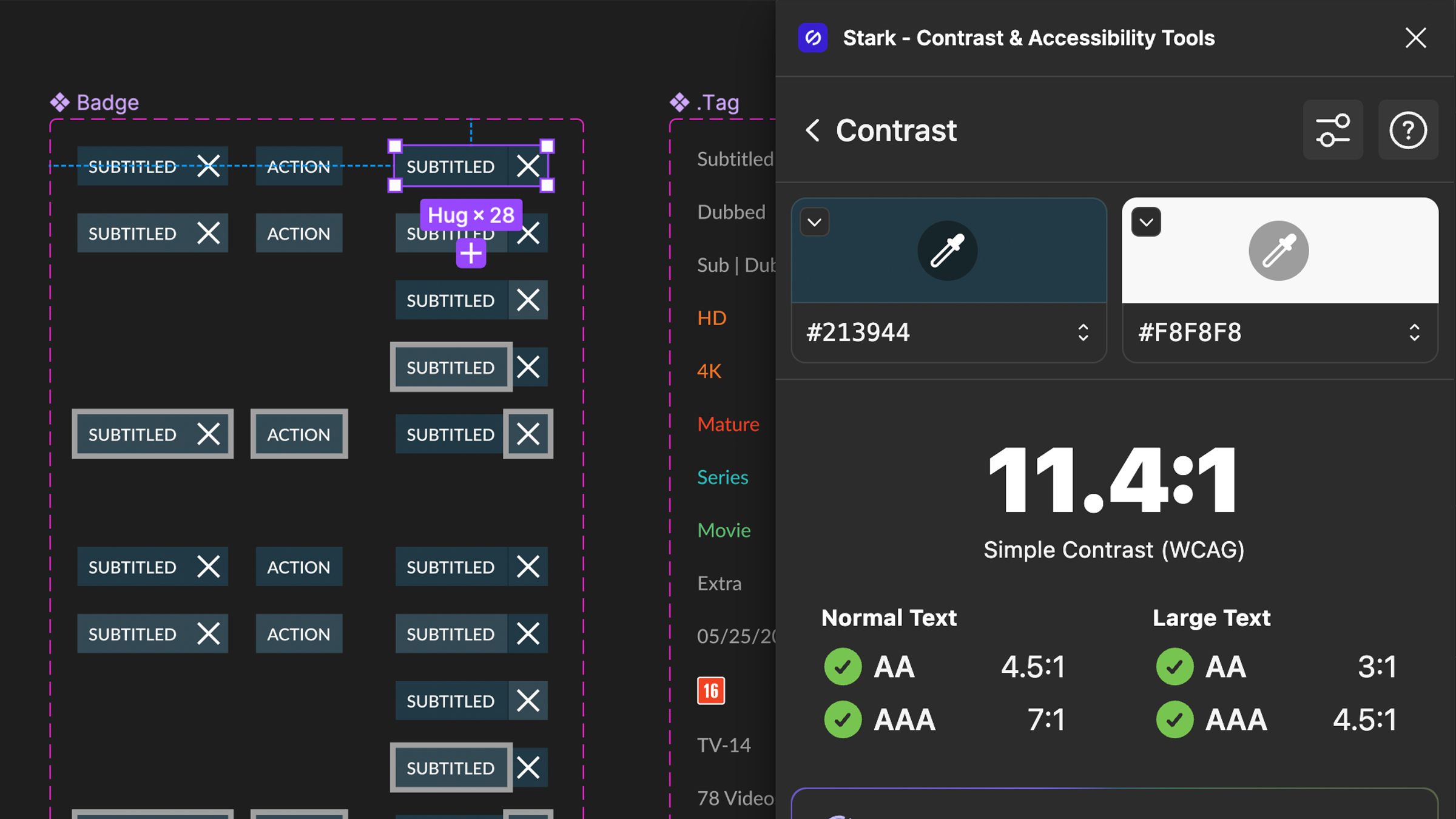 A screenshot of how the plugin Stark checks the color contrast on a badge component