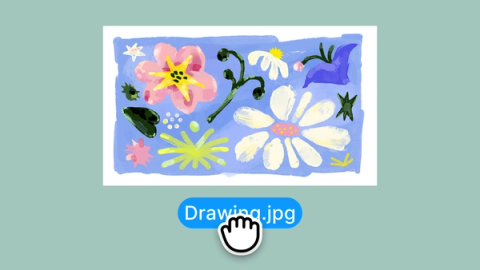 A hand-drawn floral illustration shown above a file labeled “Drawing.jpg,” with a cursor hovering over the filename.