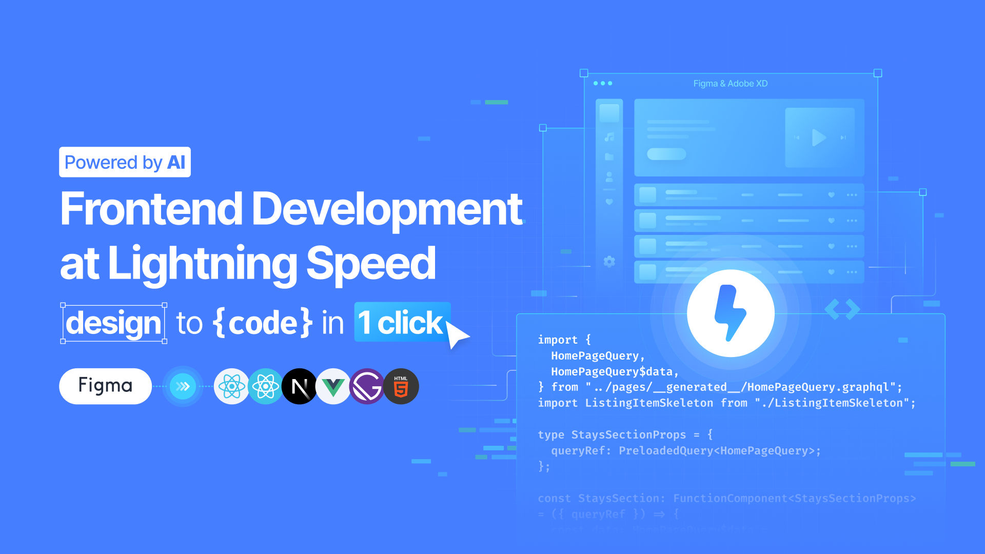 A blue title card featuring Locofy's design to code solution with a lightning bolt.