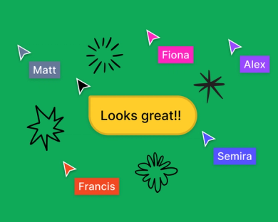 Five teammate cursors hovering over black star illustrations with a green background and a yellow cursor chat saying “Looks great!!”