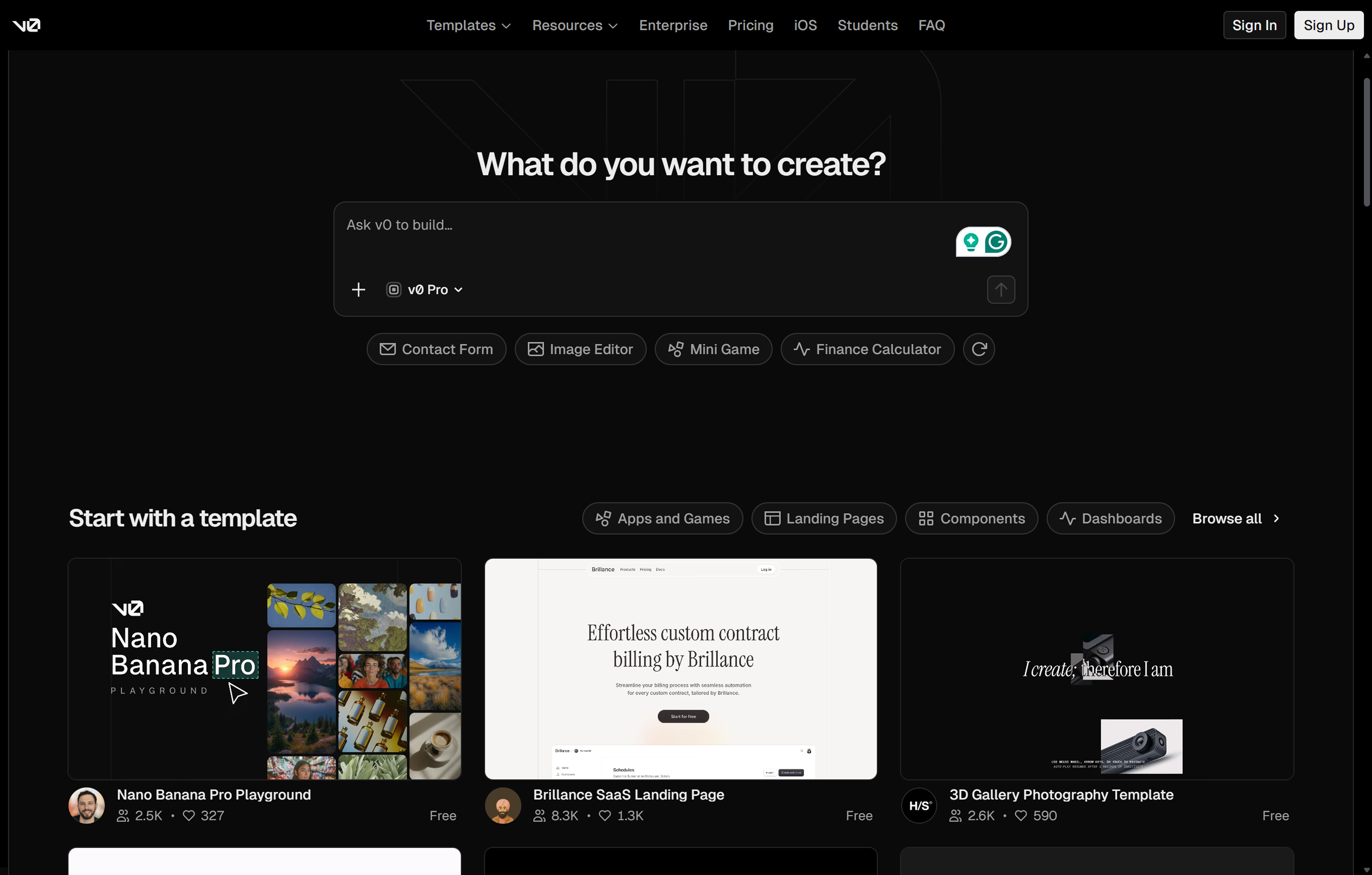 A screenshot of the v0 by Vercel homepage