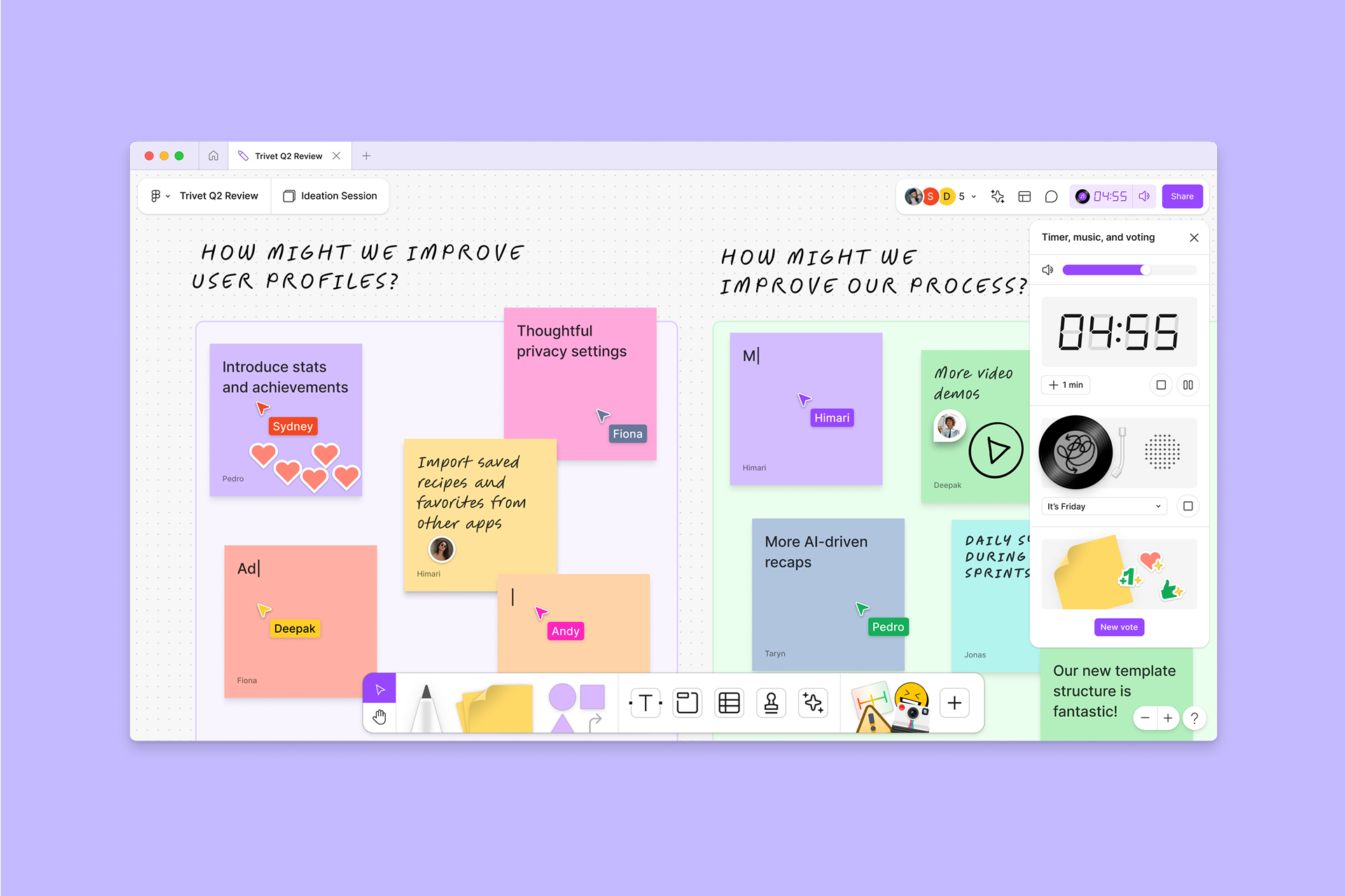 figjam board with sticky notes, reactions, a timer, and cursors
