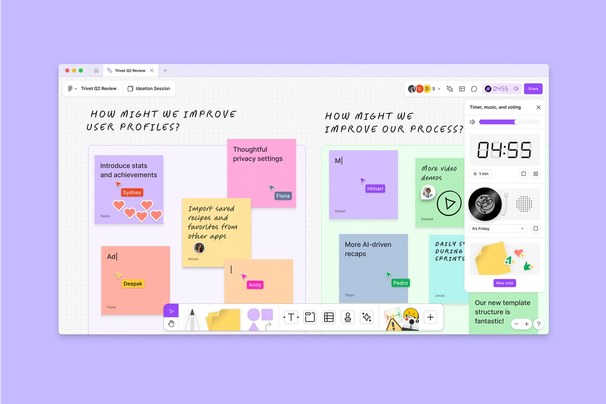 figjam board with sticky notes, reactions, a timer, and cursors