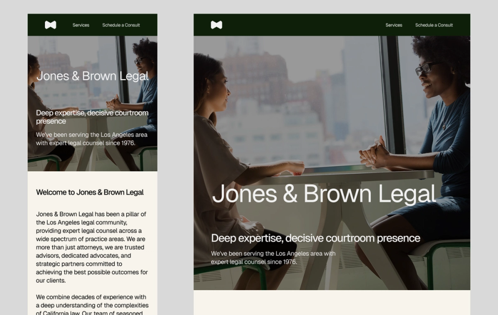 A screenshot of a professional legal services mobile website template