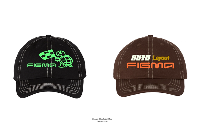 Two baseball caps displayed — black with green turtle holding checkered flag beside Figma logo, and brown with bold “Auto Layout” text.