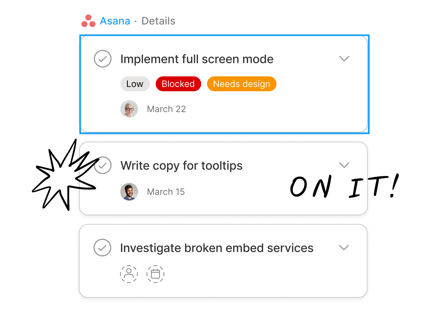 The Asana widget with three tasks that need to be completed