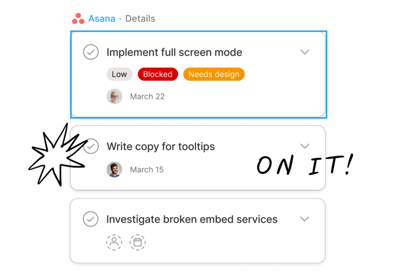 O widget da Asana com três tarefas que precisam ser concluídas