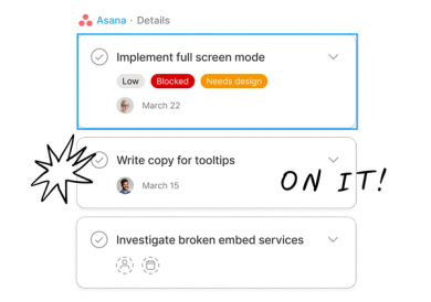 The Asana widget with three tasks that need to be completed