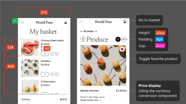 A Figma file showing designs being annotated with things like height, padding, and behavior.