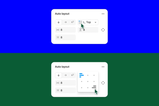 Two auto layout setting panels showing various alignment and spacing options in Figma's previous UI. The top panel has a cursor pointing at the alignment grid, while the bottom panel shows the alignment grid options with a cursor selecting the bottom right alignment.