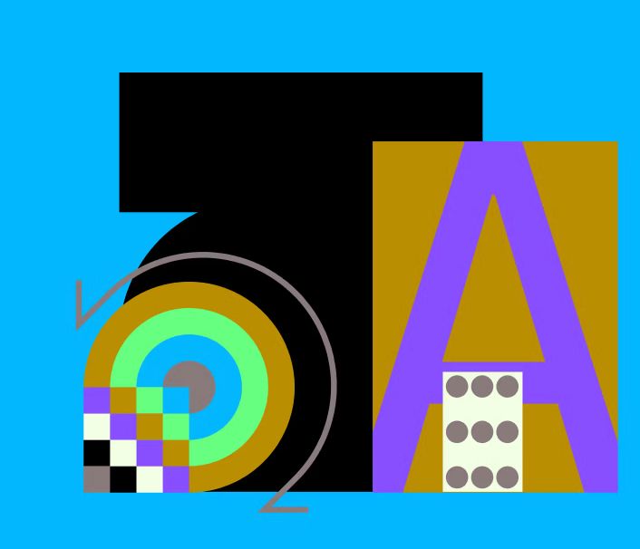 Abstract graphic with a black 3, purple A, and colorful circular and square shapes on a blue background.