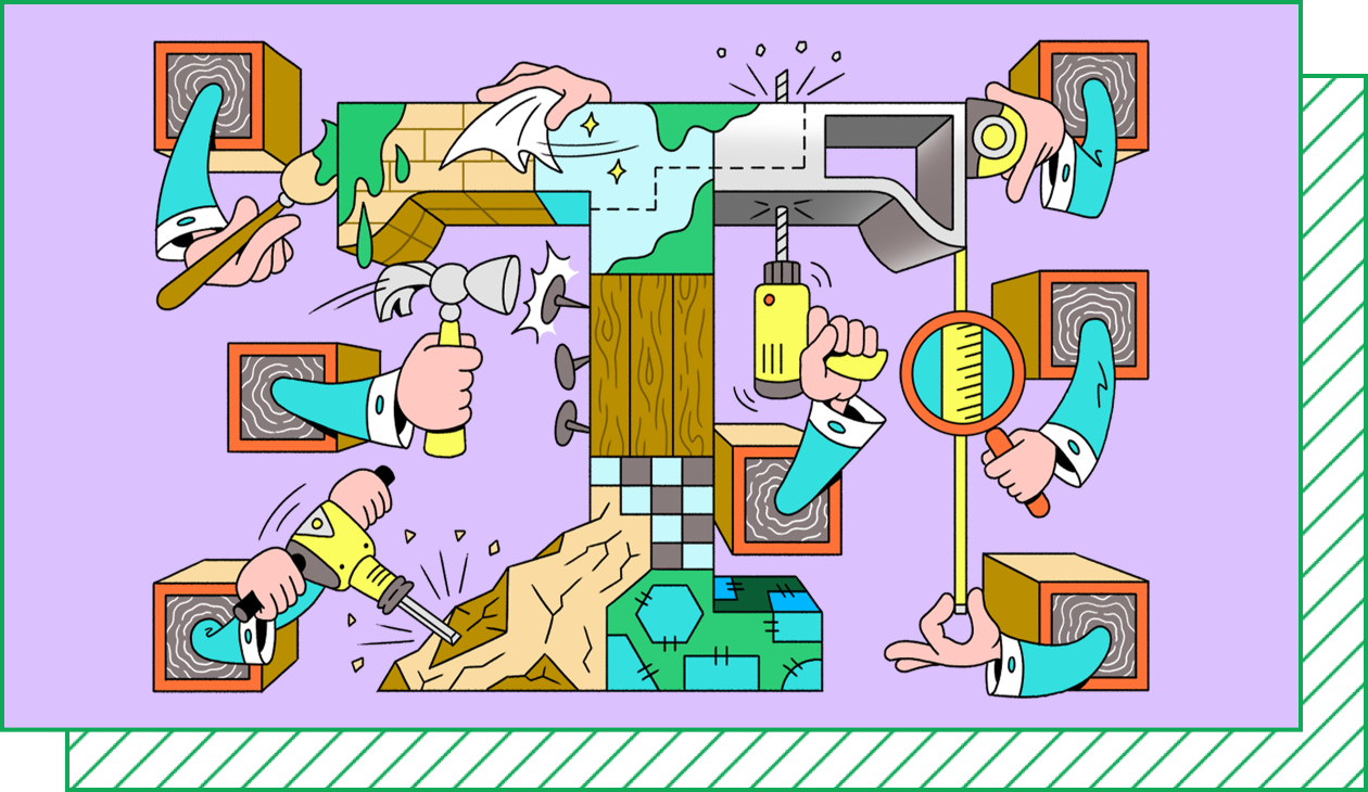 Illustration on purple background showing arms extending out of cubes with different tools like a paintbrush, hammer, measuring tape, drill, and cloth, all working on constructing a sculpture out of different materials. 