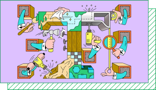 Illustration on purple background showing arms extending out of cubes with different tools like a paintbrush, hammer, measuring tape, drill, and cloth, all working on constructing a sculpture out of different materials.