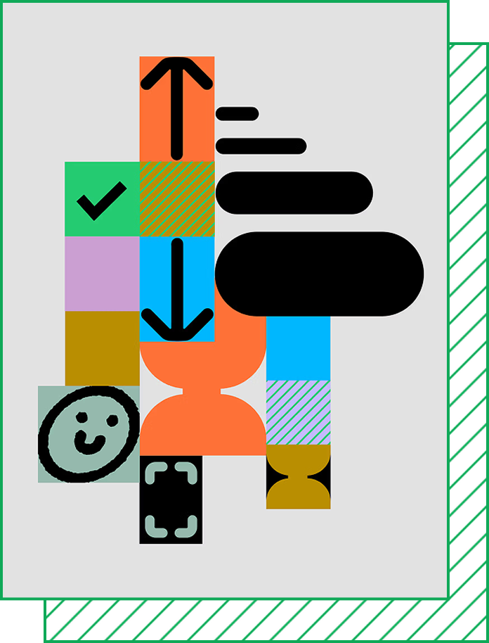 An illustration of colored blocks collaged with smiley face, up and down arrows, checkmark, and black oval graphics.