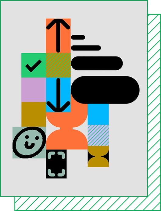 An illustration of colored blocks collaged with smiley face, up and down arrows, checkmark, and black oval graphics.