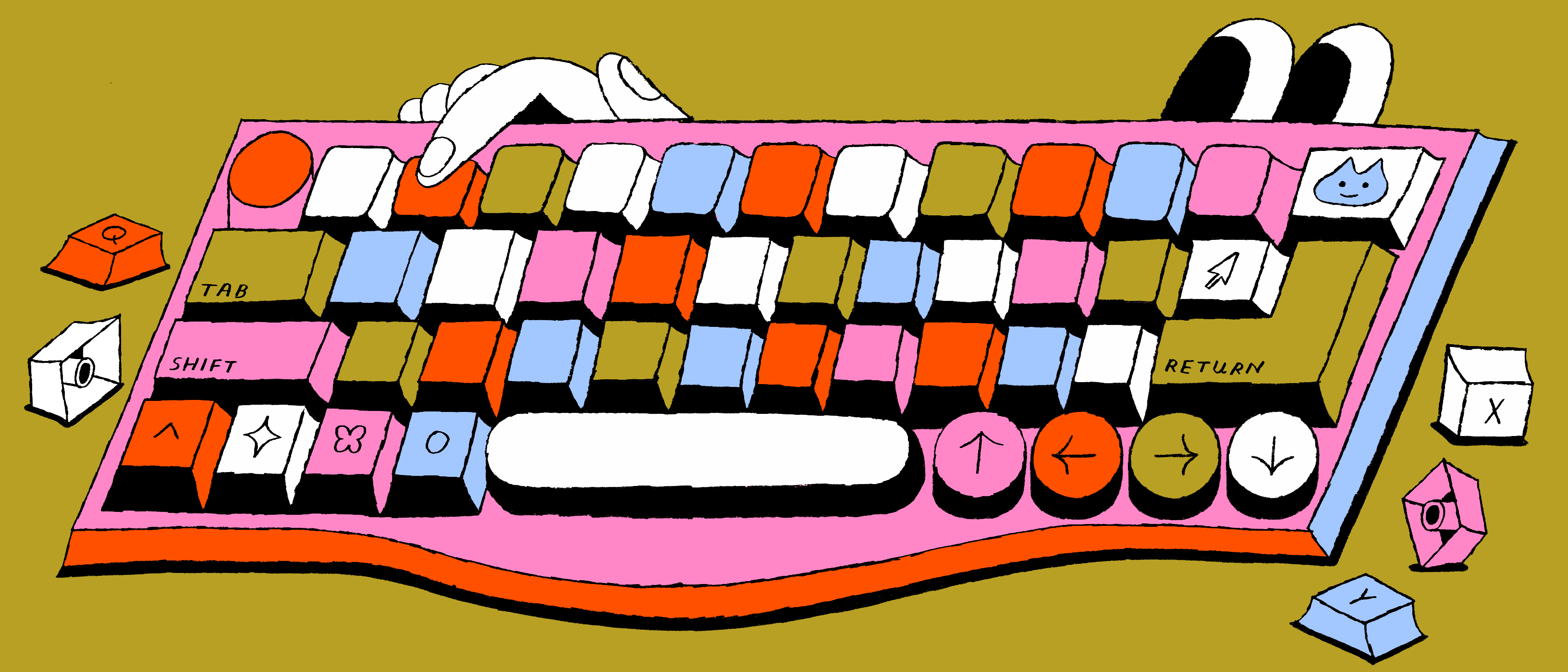 Illustration of a hand and cartoon eyes peeking over the edge of a colorful mechanical keyboard