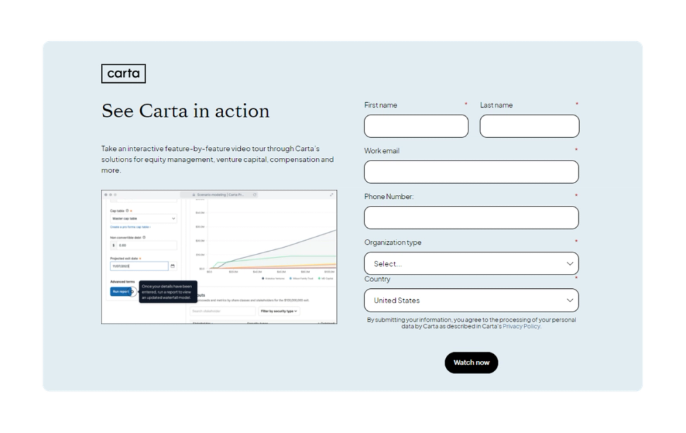 Sample Carta CTA including a form.