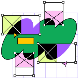 大きな緑色のシェイプと、その周囲にフロート表示されているワイヤーフレームコンポーネントのグラフィック表現。