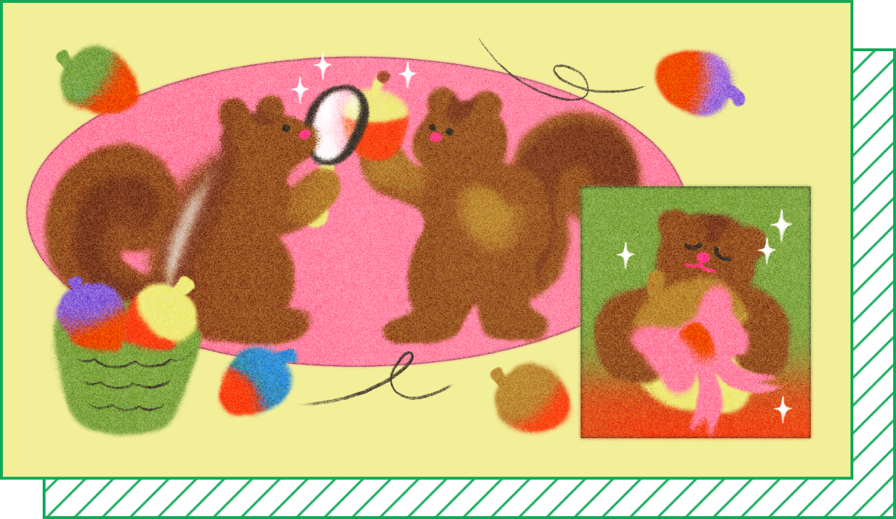 An illustration of two squirrels inspecting an acorn under a magnifying glass