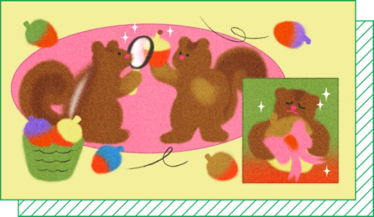 An illustration of two squirrels inspecting an acorn under a magnifying glass