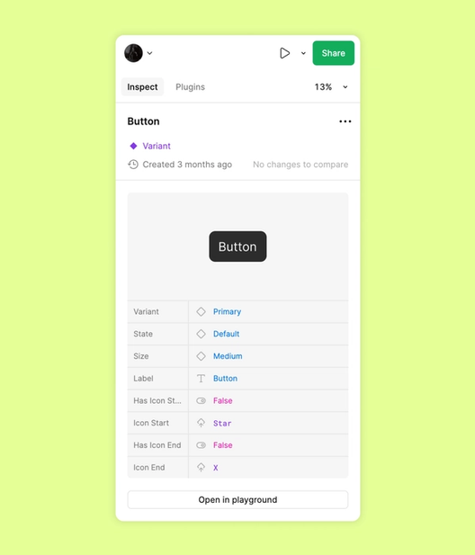 Ein Figma Design Inspection Panel zeigt die Eigenschaften einer Button-Komponente an. Das Panel zeigt Details wie die Variante (Primary), den Zustand (Default), die Größe (Medium), das Label (Button) und die Icon-Einstellungen. Der Button wird in der Mitte des Panels mit dem Label „Button“ in weißer Schrift auf dunklem Hintergrund angezeigt. Der Hintergrund des gesamten Bildschirms ist hellgrün.