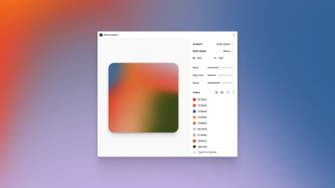 A colorful gradient interface with a white tool window overlay. The tool adjusts gradient shapes, warp size, and noise, showing a rounded gradient preview with a palette of colors like orange, green, and blue on the side. The backdrop is a smooth gradient transitioning from orange to blue.