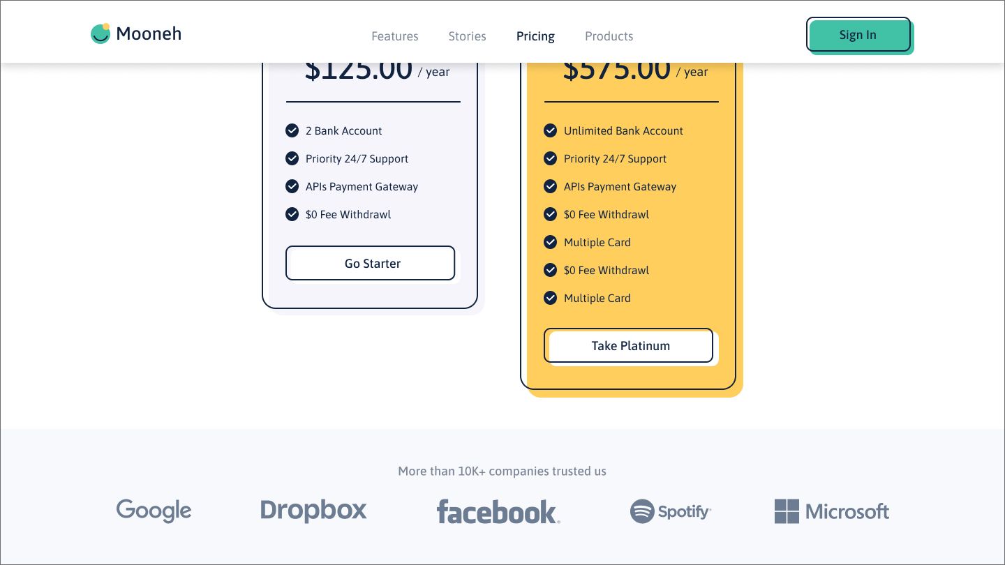 Pricing page template with yellow and white cards and a footer showcasing logos from Google, Dropbox, and Spotify for social proof.