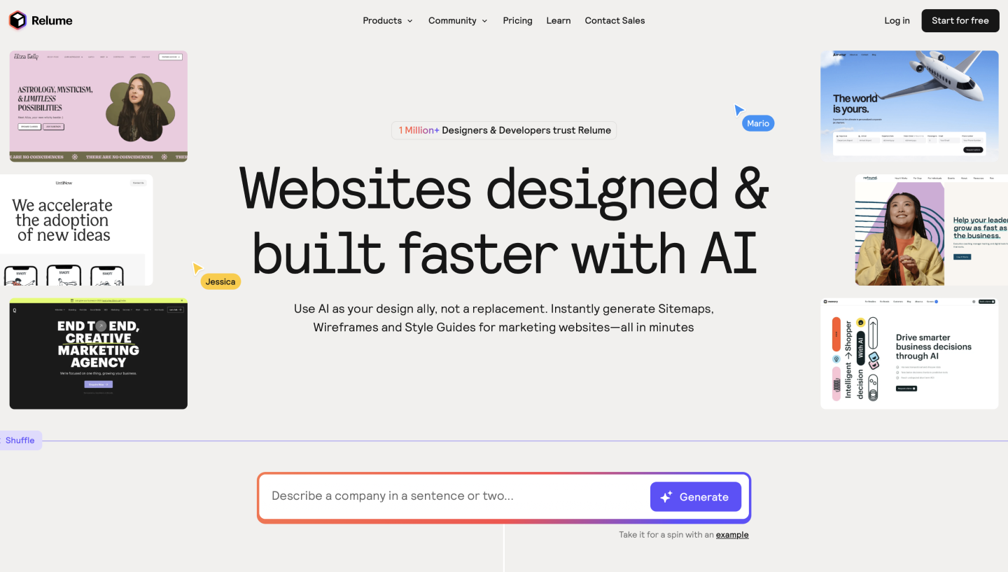 Homepage for Relume, an AI prototyping tool.