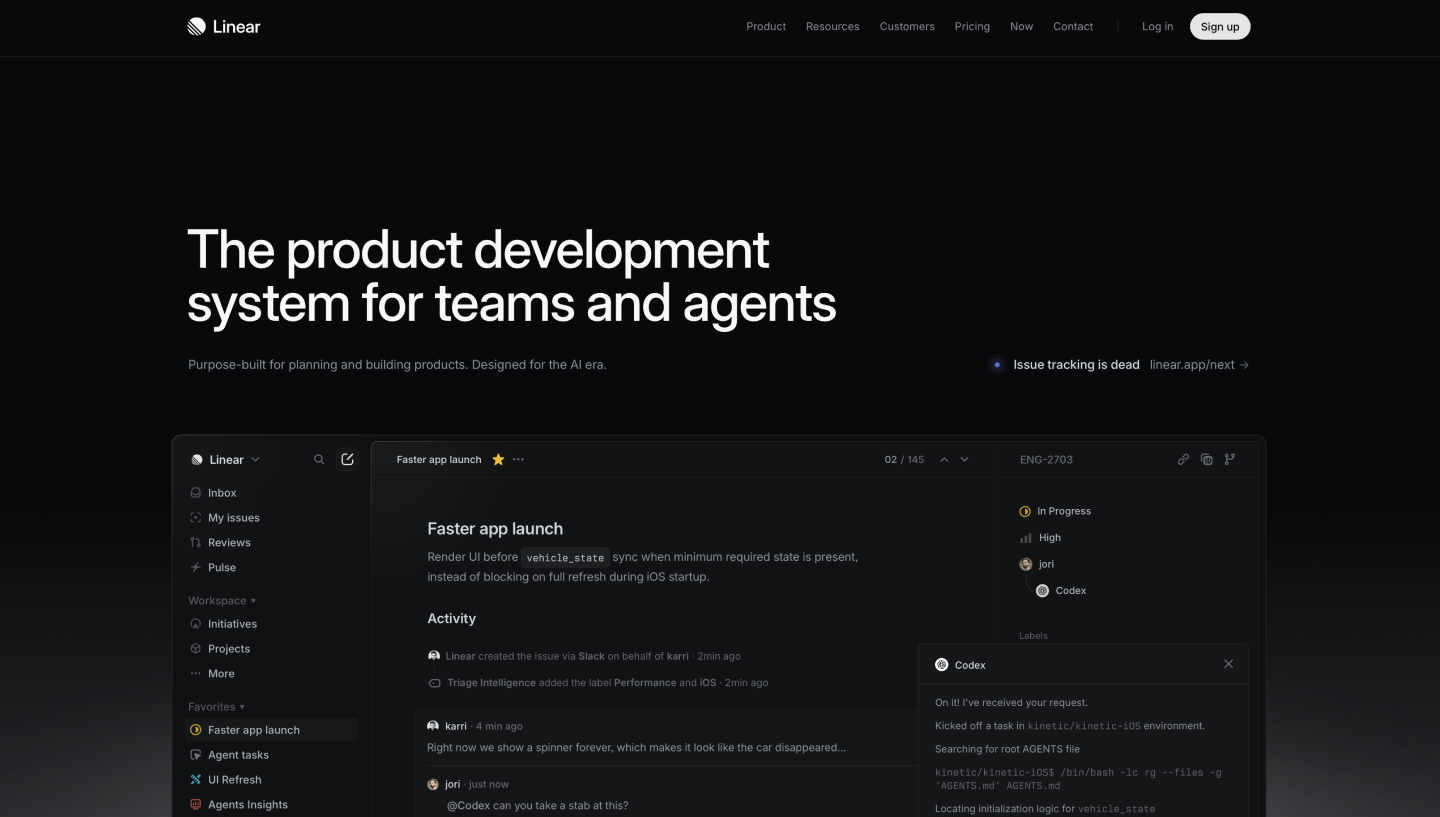 The Linear website, a product development system
