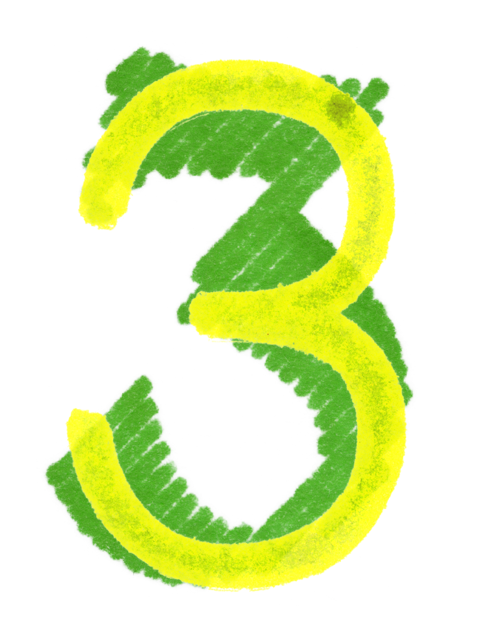 a yellow numeral three overlaid on a dark green numeral three