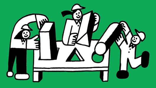 An illustration of three people fitting geometric prisms through corresponding holes on a table.