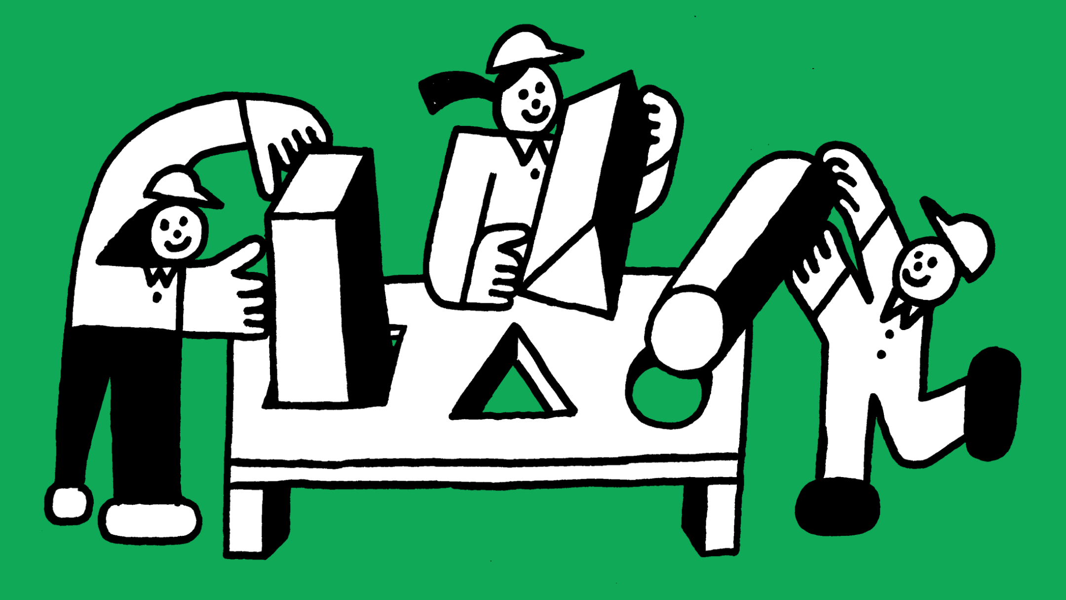 An illustration of three people fitting geometric prisms through corresponding holes on a table.