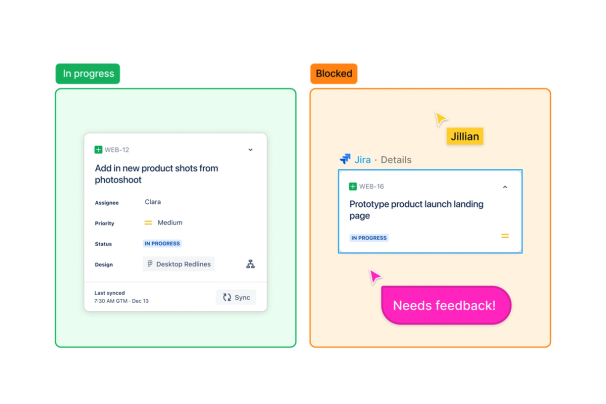 Duas seções chamadas "Em andamento" e "Bloqueado" com o Jira. Mensagem "precisa de feedback!" em um cursor