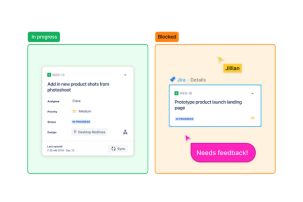 Two sections labeled "in progress" and "blocked" featuring Jira. A cursor chats "needs feedback!"