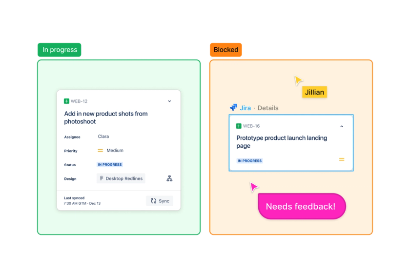 Duas seções chamadas "Em andamento" e "Bloqueado" com o Jira. Mensagem "precisa de feedback!" em um cursor