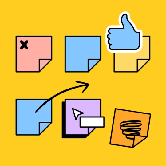 sticky notes with thumbs up icon and hovering mouse cursor