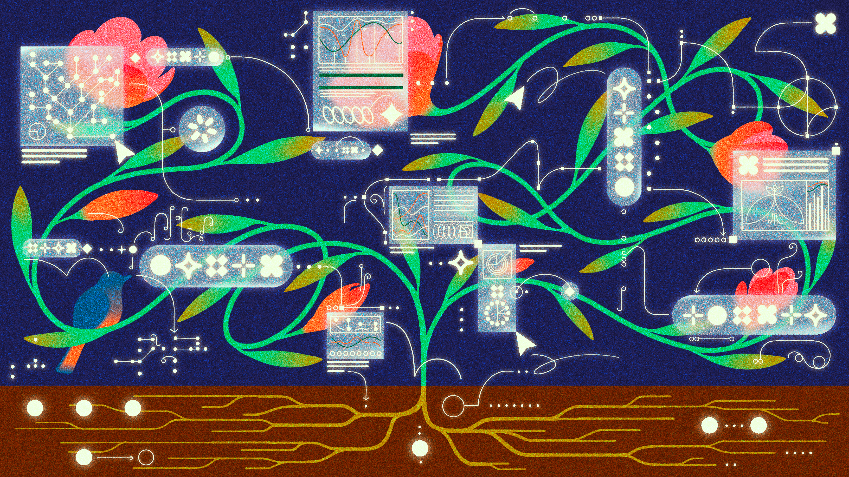 Illustration of a tree growing from circuit-like roots, with UI panels and charts branching out like leaves.