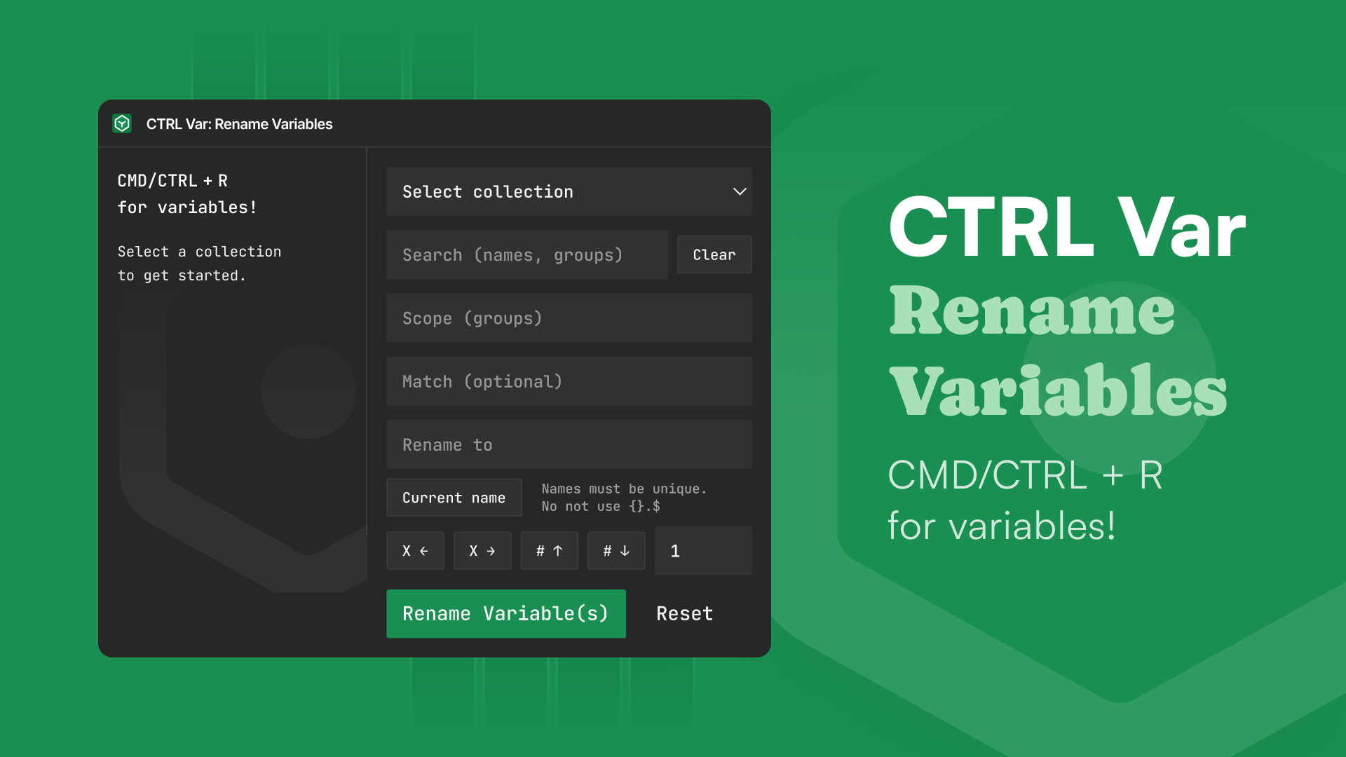 A UI interface for ’CTRL Var: Rename Variables’ on a bright green background. The left side features the ’CTRL Var: Rename Variables’ plugin window, consisting of a form for searching, filtering, and renaming variables. On the right, a panel shows the name of the plugin in a light colored style.