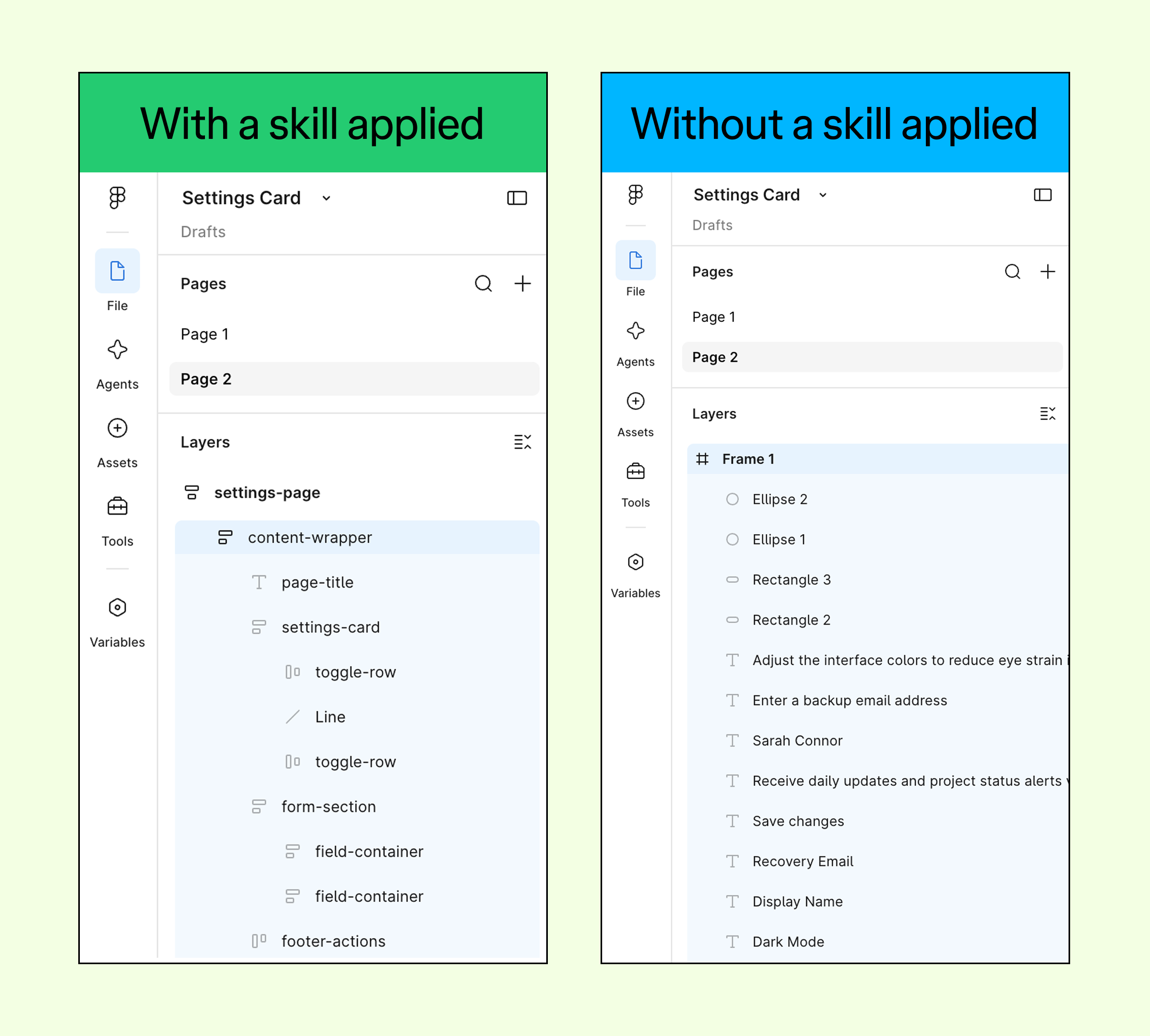 Side-by-side comparison of a Figma settings screen: one built with a Claude Skill and one without.