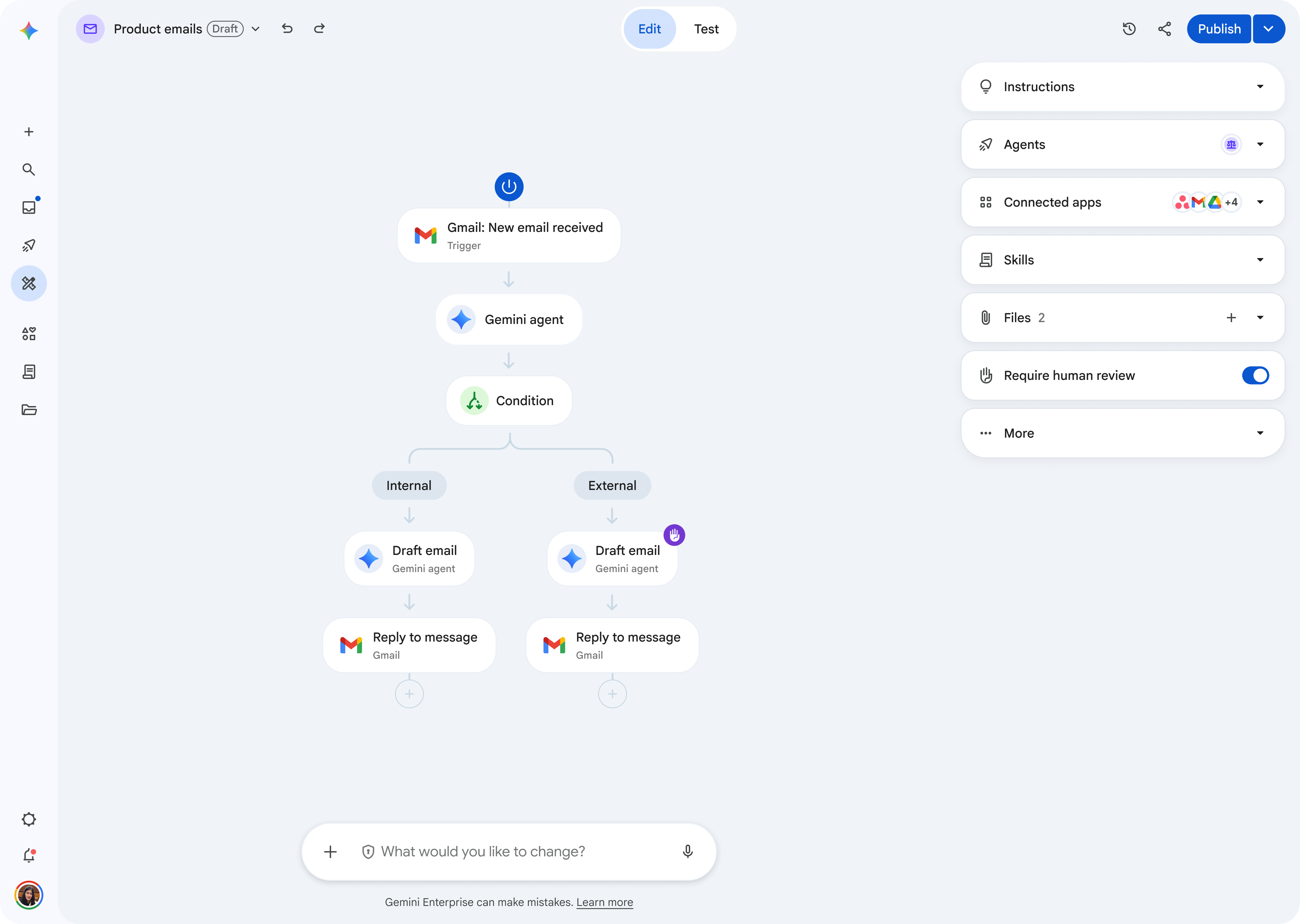 A node-based workflow outlines how an agent should respond to a new email